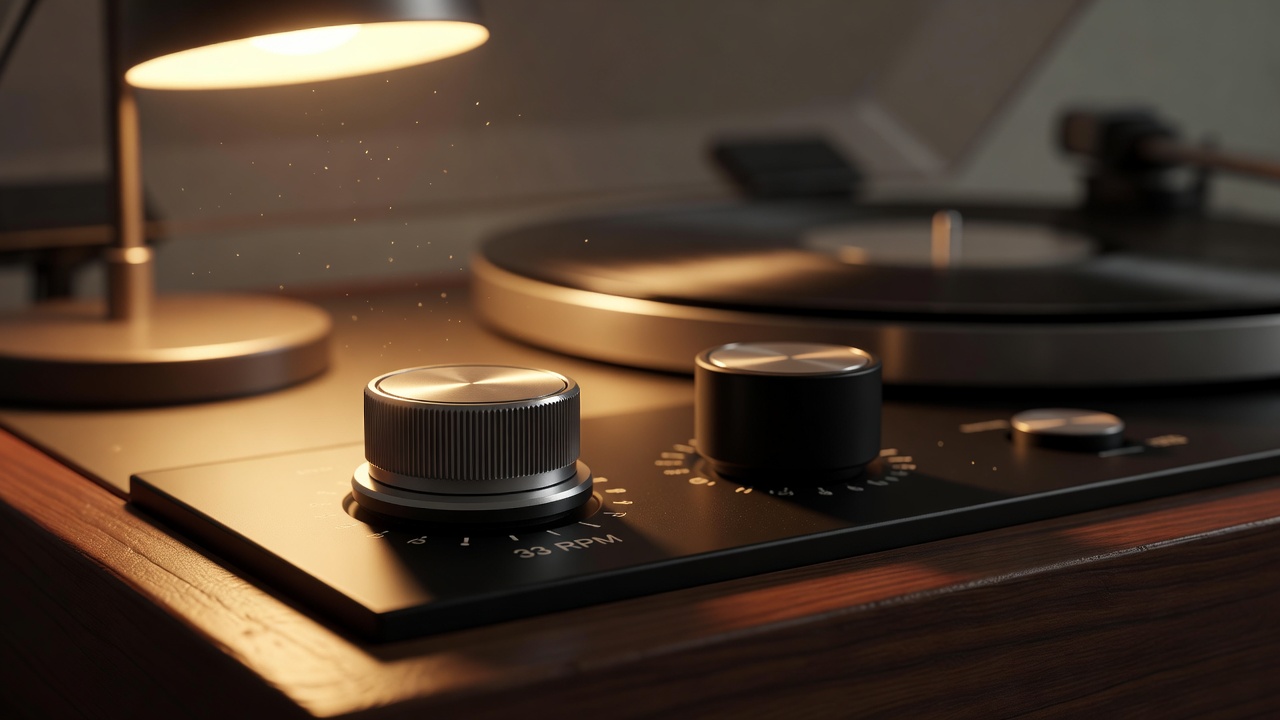 Close-up of a record player speed selector and volume control in warm lamplight