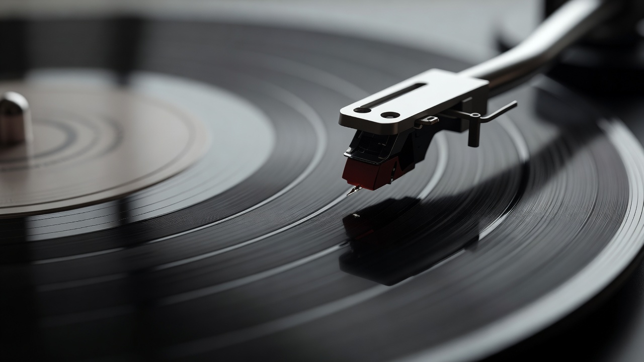 Turntable stylus resting on a record, with the grooves and cartridge in shallow focus