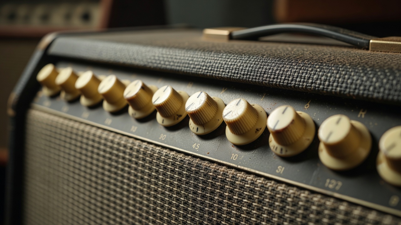 Worn cream control knobs and textured grille on a vintage guitar amplifier