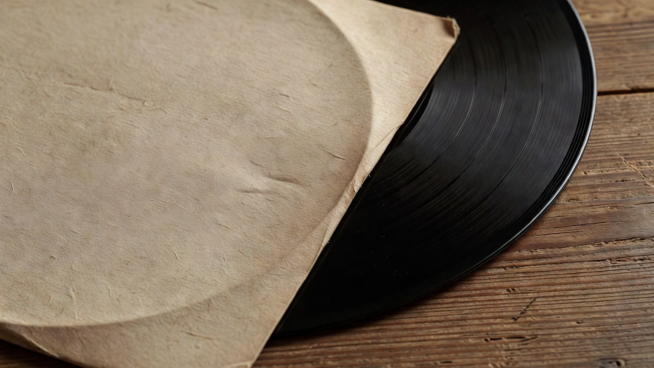 Textured paper sleeve beside the curved edge of a vinyl record on a wooden surface